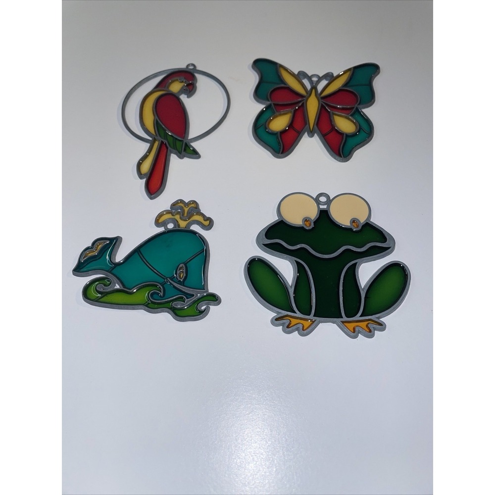 4 Stain Glass Style Hanging Sun Catchers Plastic Ornaments Animals VTG G83